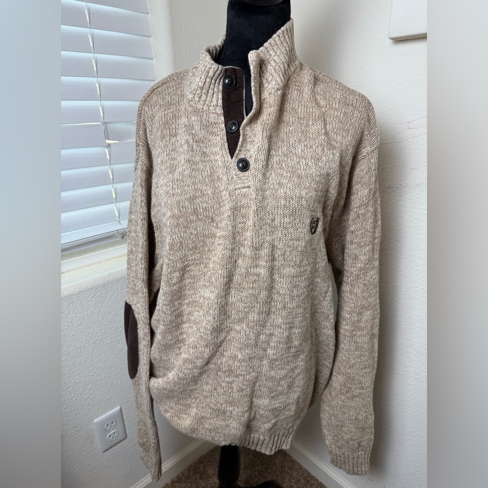 Chaps Mens Sweater Size XXL Solid Brown‎ Mock Neck Buttons Elbow Patch Cotton